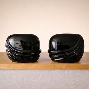 2x 80's Royal Haeger Art Deco Black Ceramic Vase Shiny Stripe Novelty Nostalgia